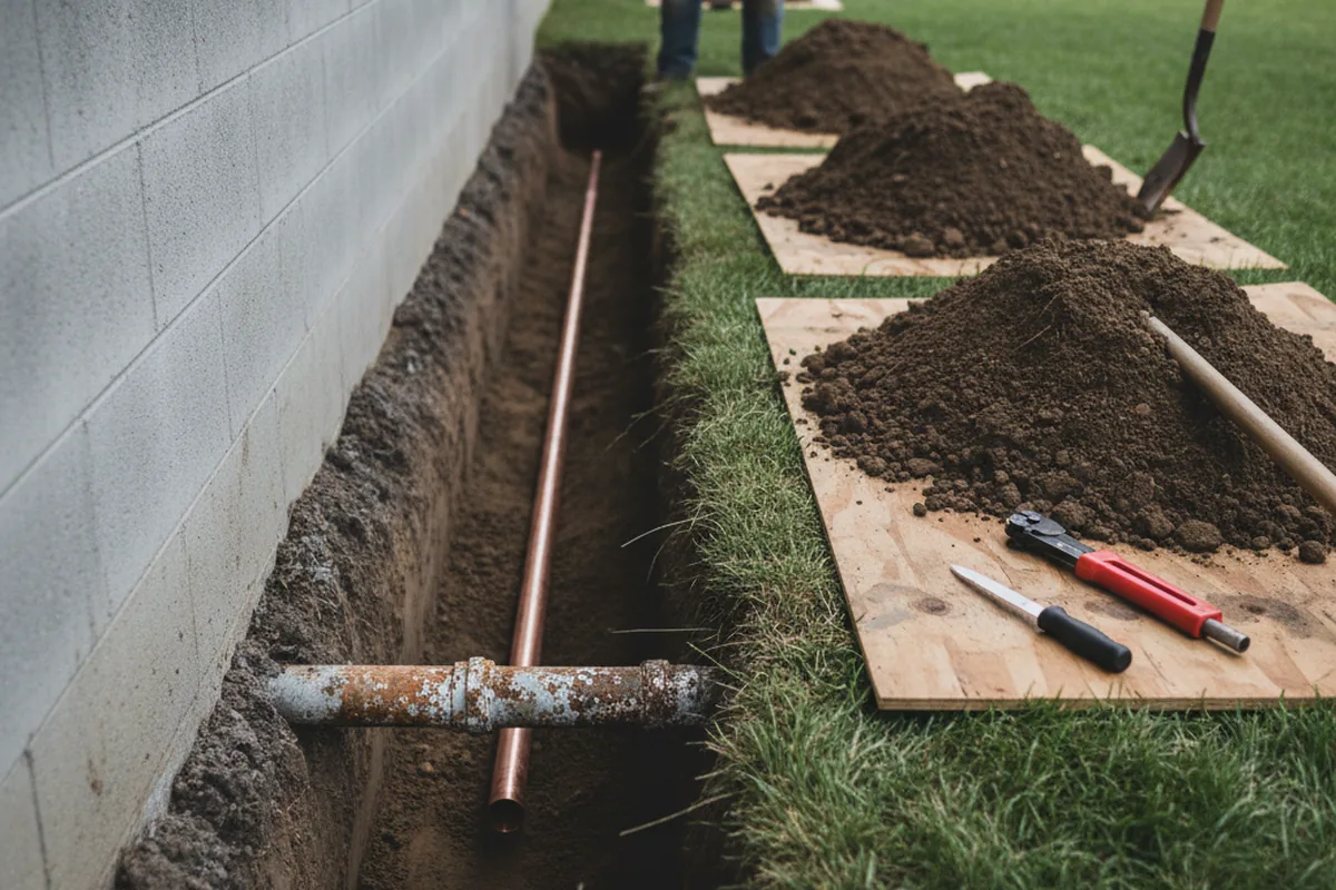 Excavated water line trench during Water Softener Installation in Hingham